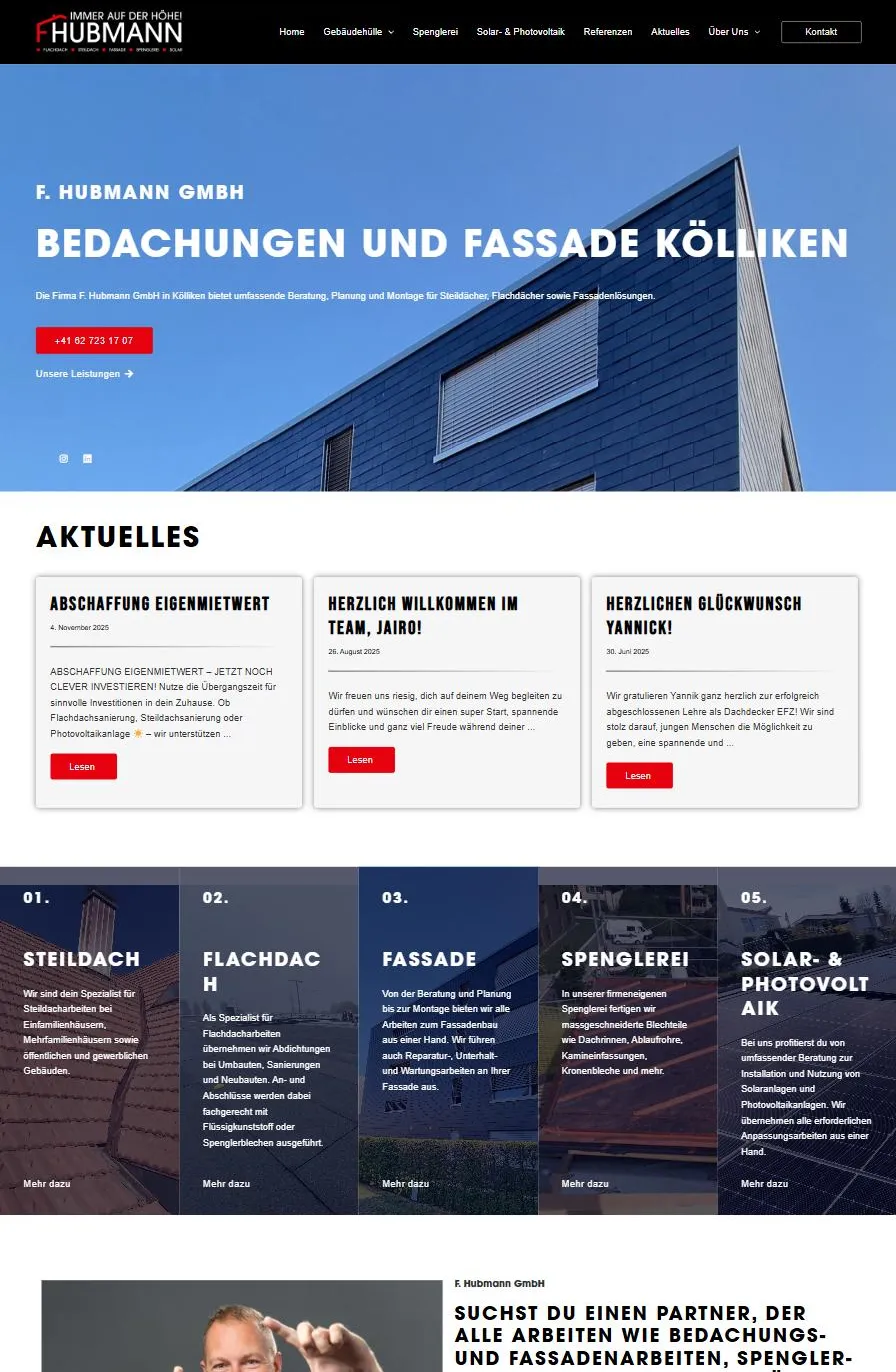 Scrollansicht der Website von F. Hubmann Bedachungen